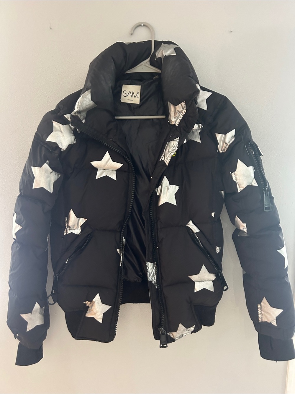 SAM. Black Puffer Jacket with Silver Star Print